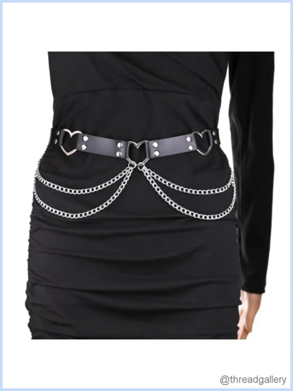 PU Simulated Leather Rivet Heart Ring 2-Layer Chain Adjustable Waist Belt